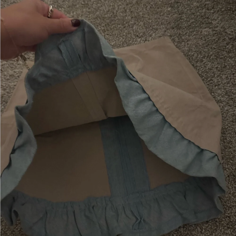 Vintage Leather Outer Edge Tan and Blue Ruffle Mini Skirt Size 7 - Picture 4 of 4